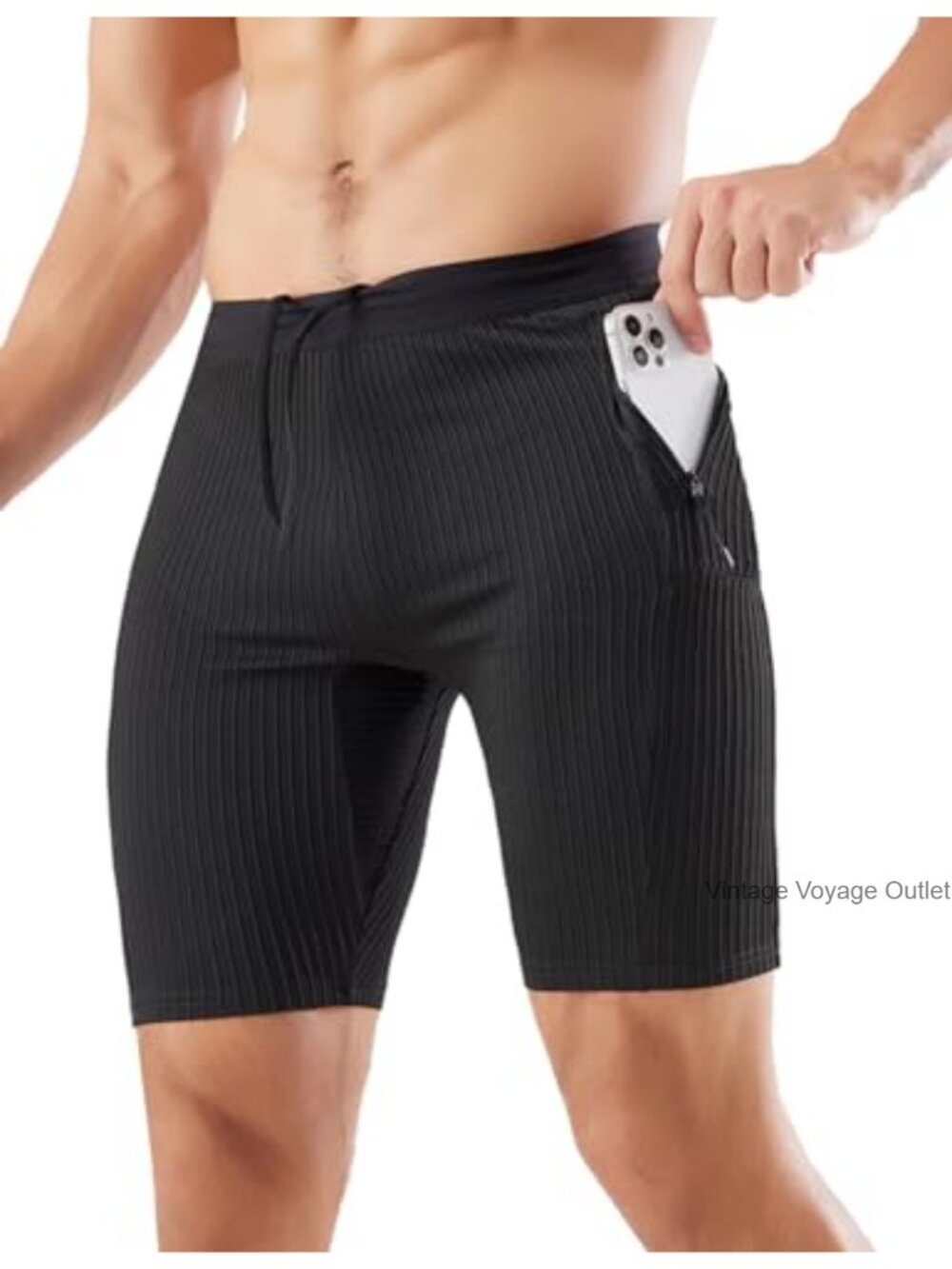Men's Striped Compression Workout Shorts with Zipper Pockets